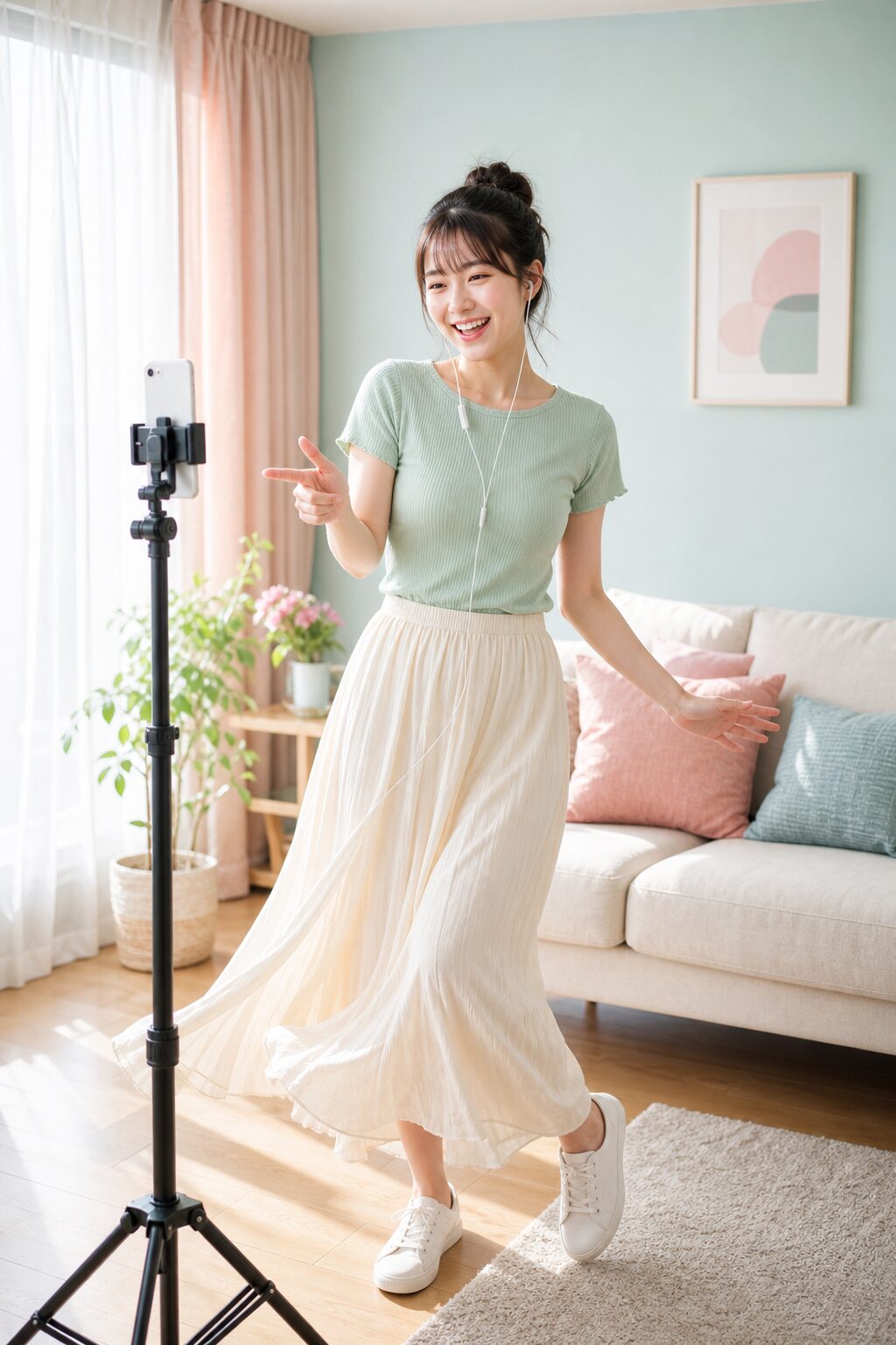 スマートフォンに向かって話しながら軽やかに踊る女性