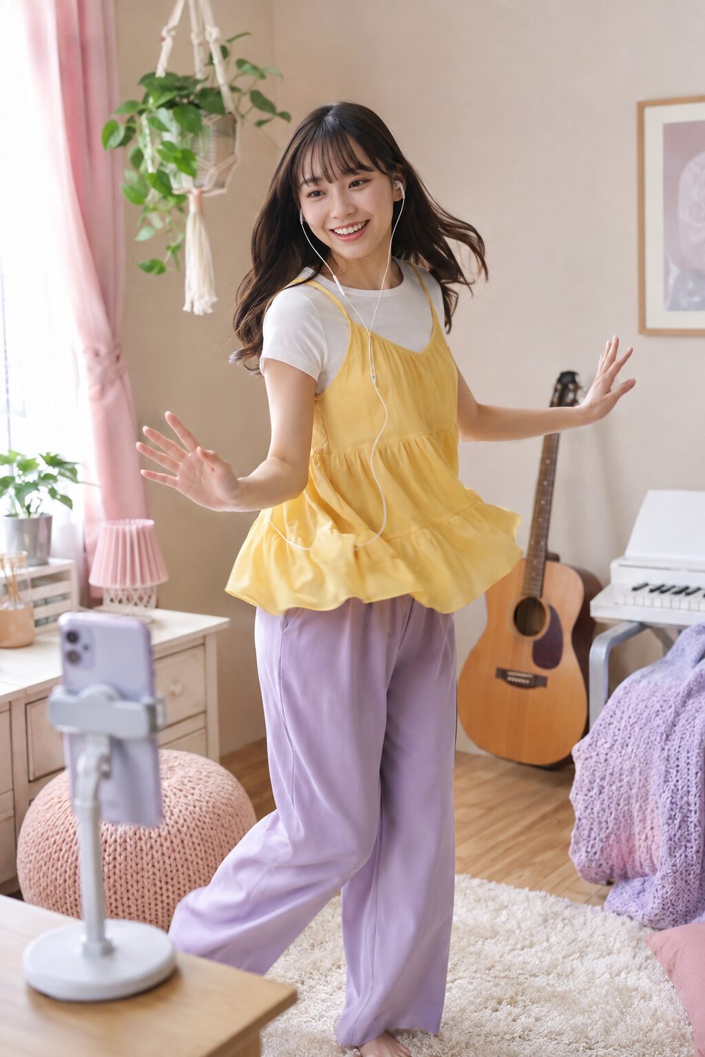 自宅で音楽に合わせて踊りながら配信を楽しむ女性