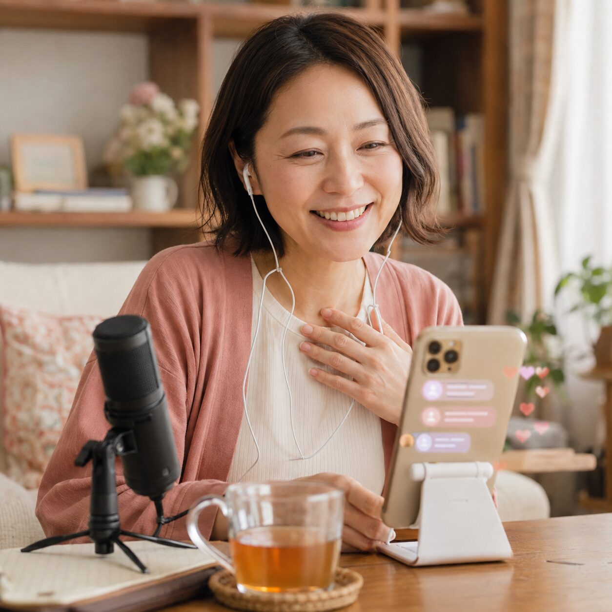 スマートフォンのコメントを見ながらリスナーとの交流を楽しむ女性