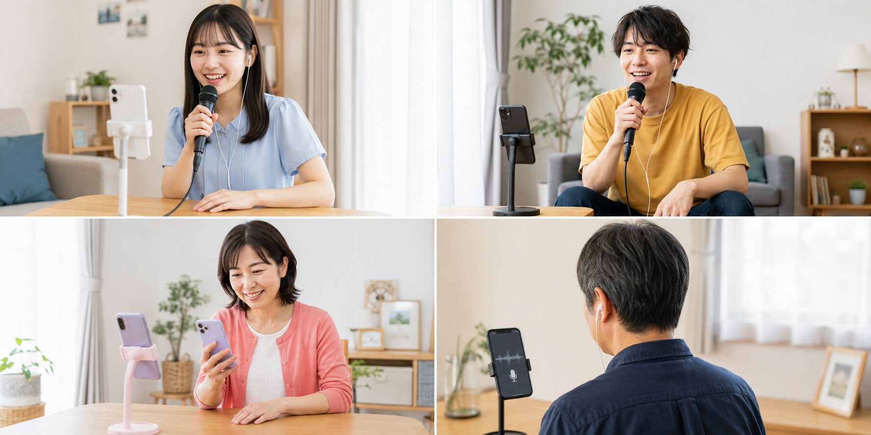 10代後半から50代までの4人が、それぞれのスタイルでスマホ歌配信を楽しむ様子
