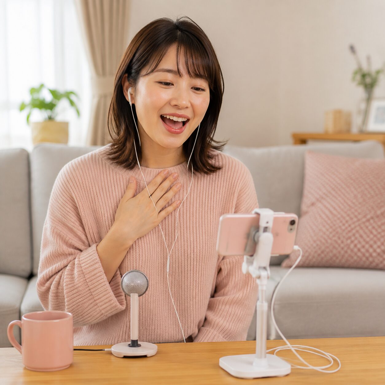 自宅でスマートフォンとイヤホンを使って気軽に歌配信を楽しむ女性