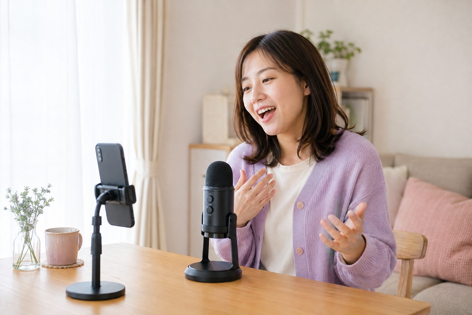 自宅でスマートフォンとマイクを使って歌配信を楽しむ女性のイメージ